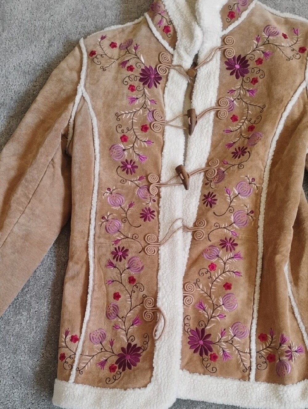 St. John's Bay Tan Suede Jacket with Cream Shearling & Pink Floral Embroidery - Picture 2 of 13